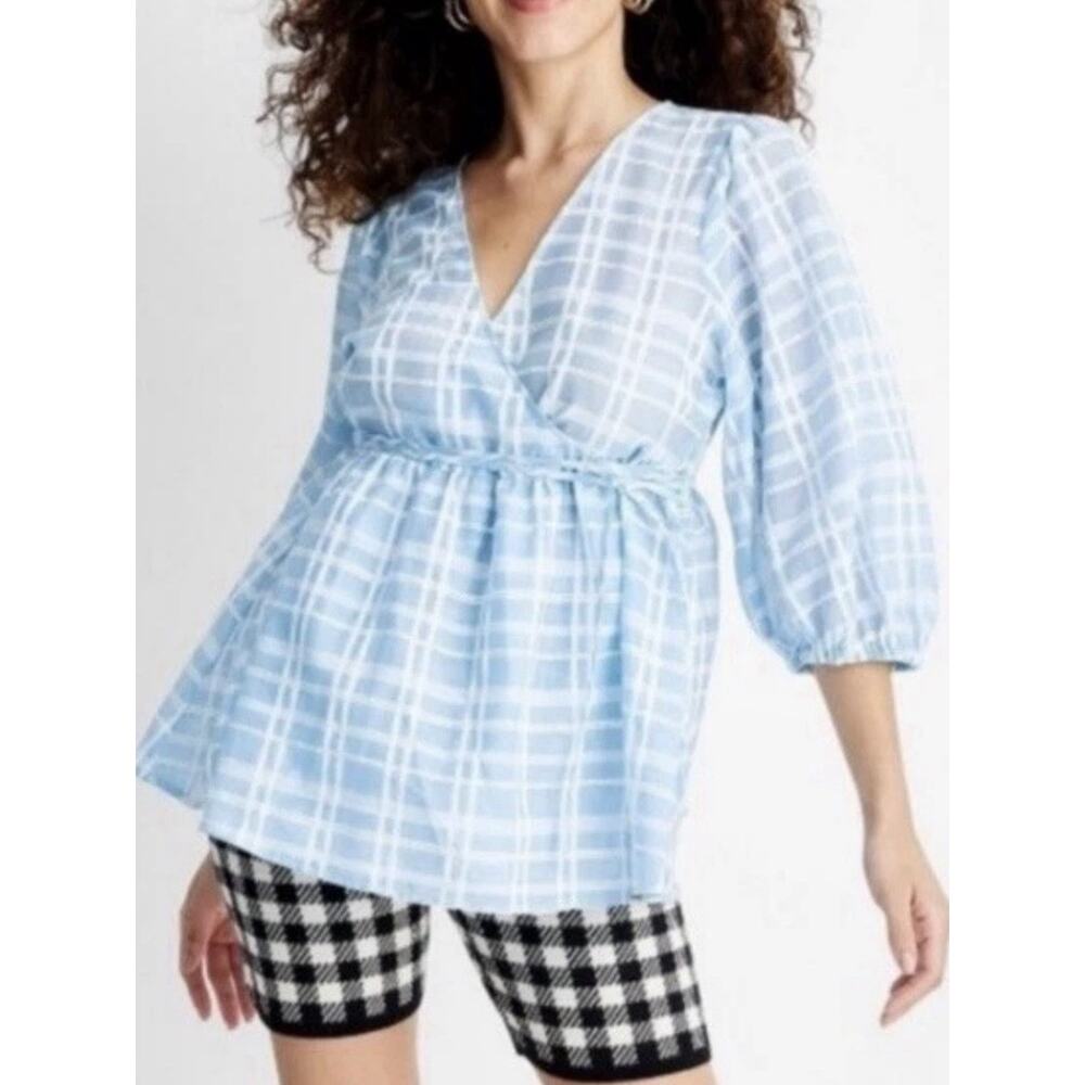 Future Collective Target Blue Plaid Wrap Tie Blouse Puff Sleeve XL Sheer Cottage